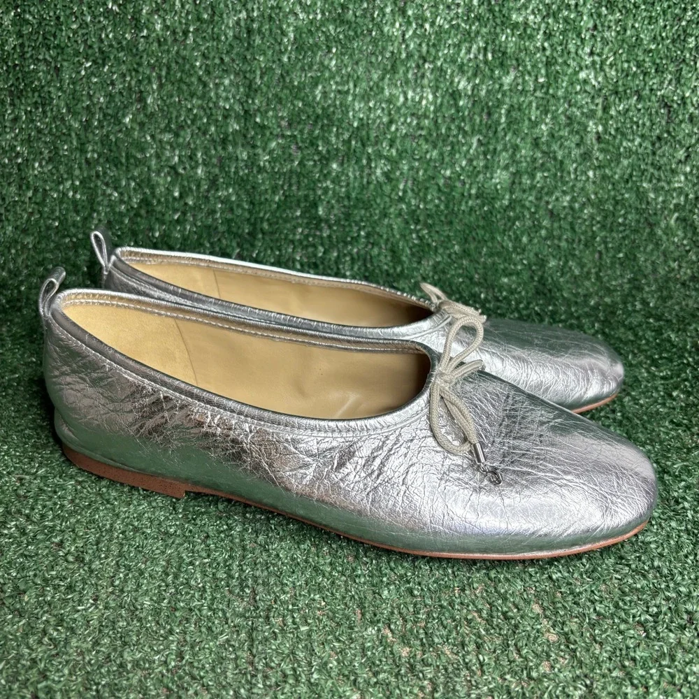 Sam Edelman Ari Bow Metallic Leather Ballet Chic Flat Shoes Silver Womens Sz 9 M